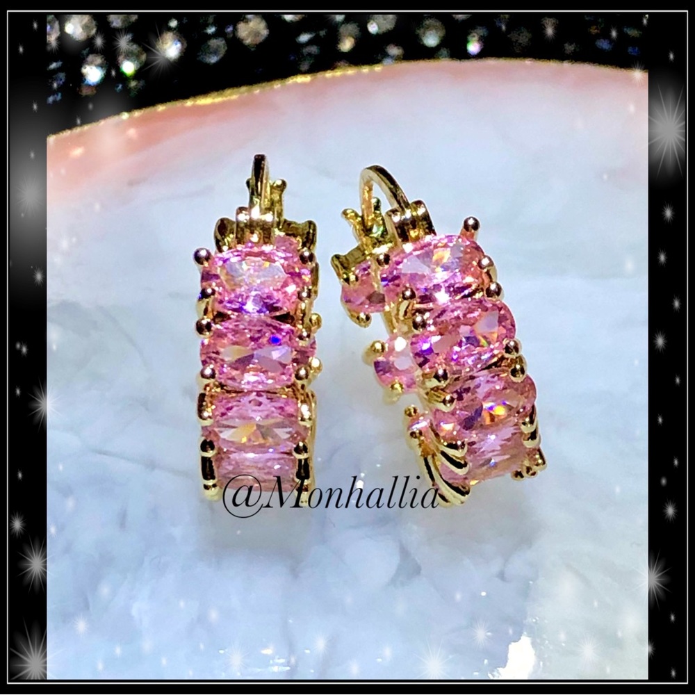 New 14k gold simulated diamond & pink amethyst chunky huggie earrings